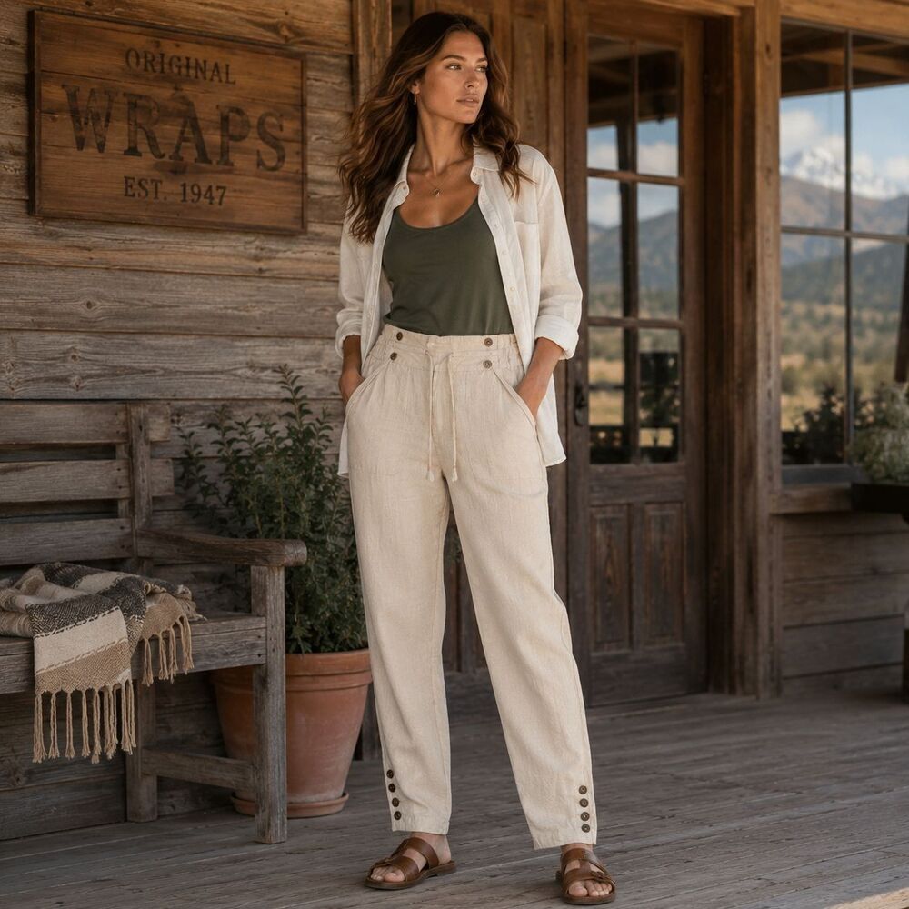 WRAP LONDON Women's Cropped Harem Pants 4 Beige Button Detail 100% Linen